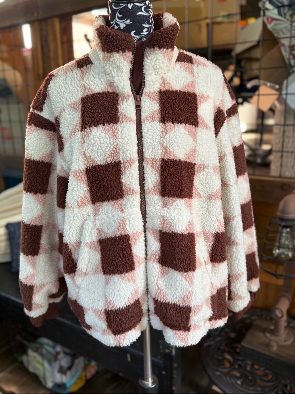 Madewell Hazelwood Checkered Sherpa Teddy Zip Jacket
